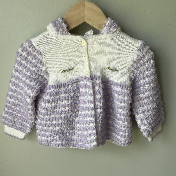 Vintage Baby Girl Outfit Set 9 Months Knitted Purple Embroidered Sweater Set - Picture 3 of 10
